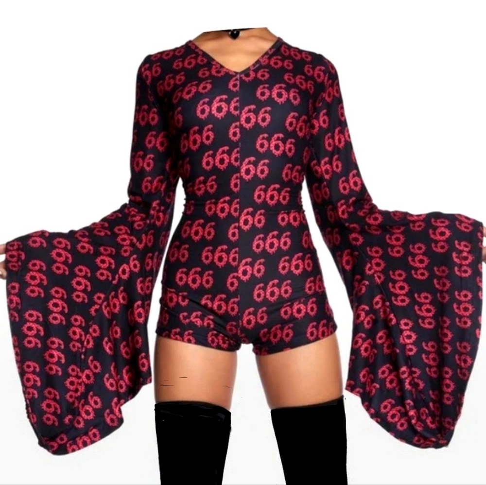 Too fast red black 666 graphic hellz bellz extreme bell sleeve romper XL NWT